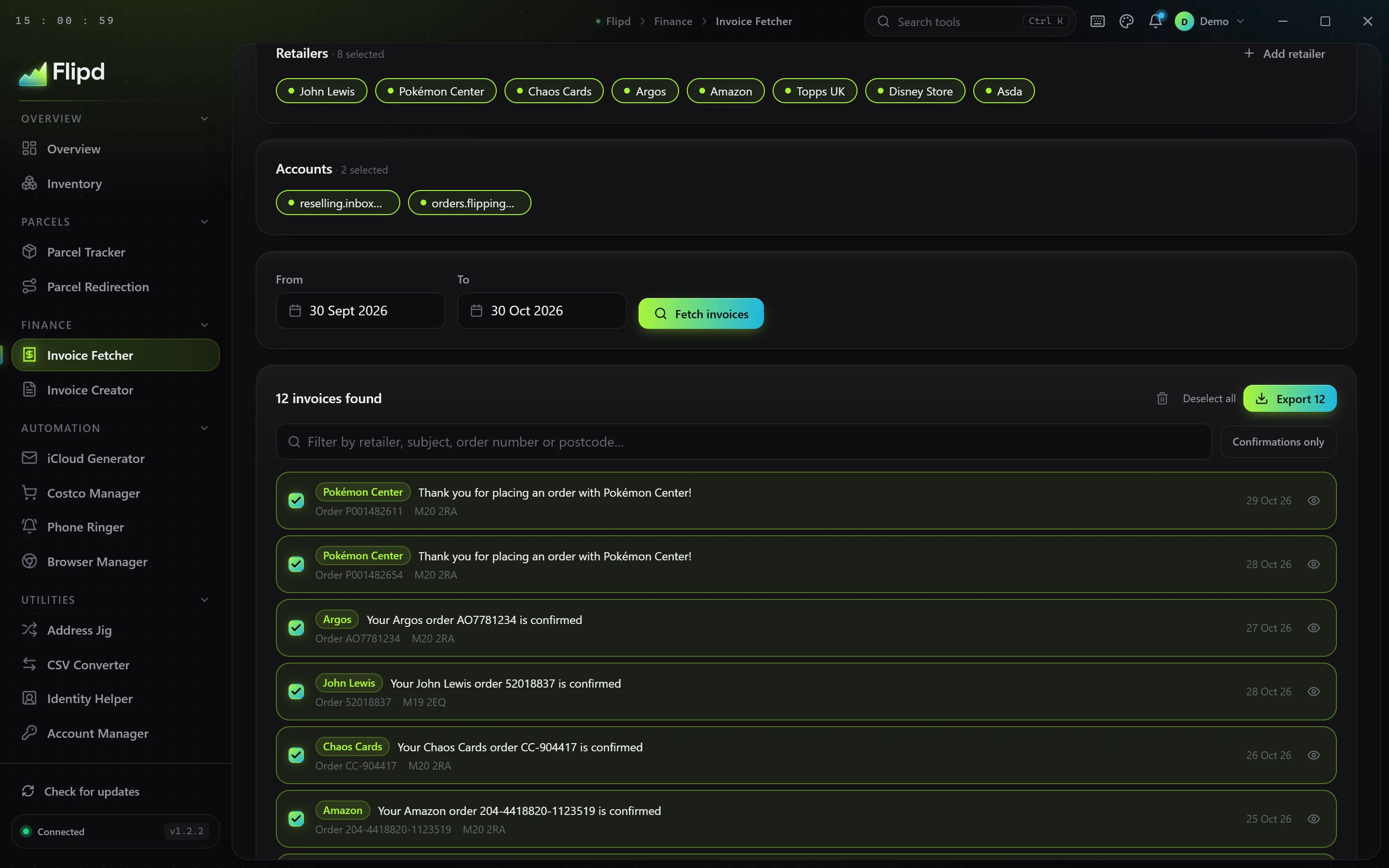 Flipd invoice fetcher listing retailer order emails