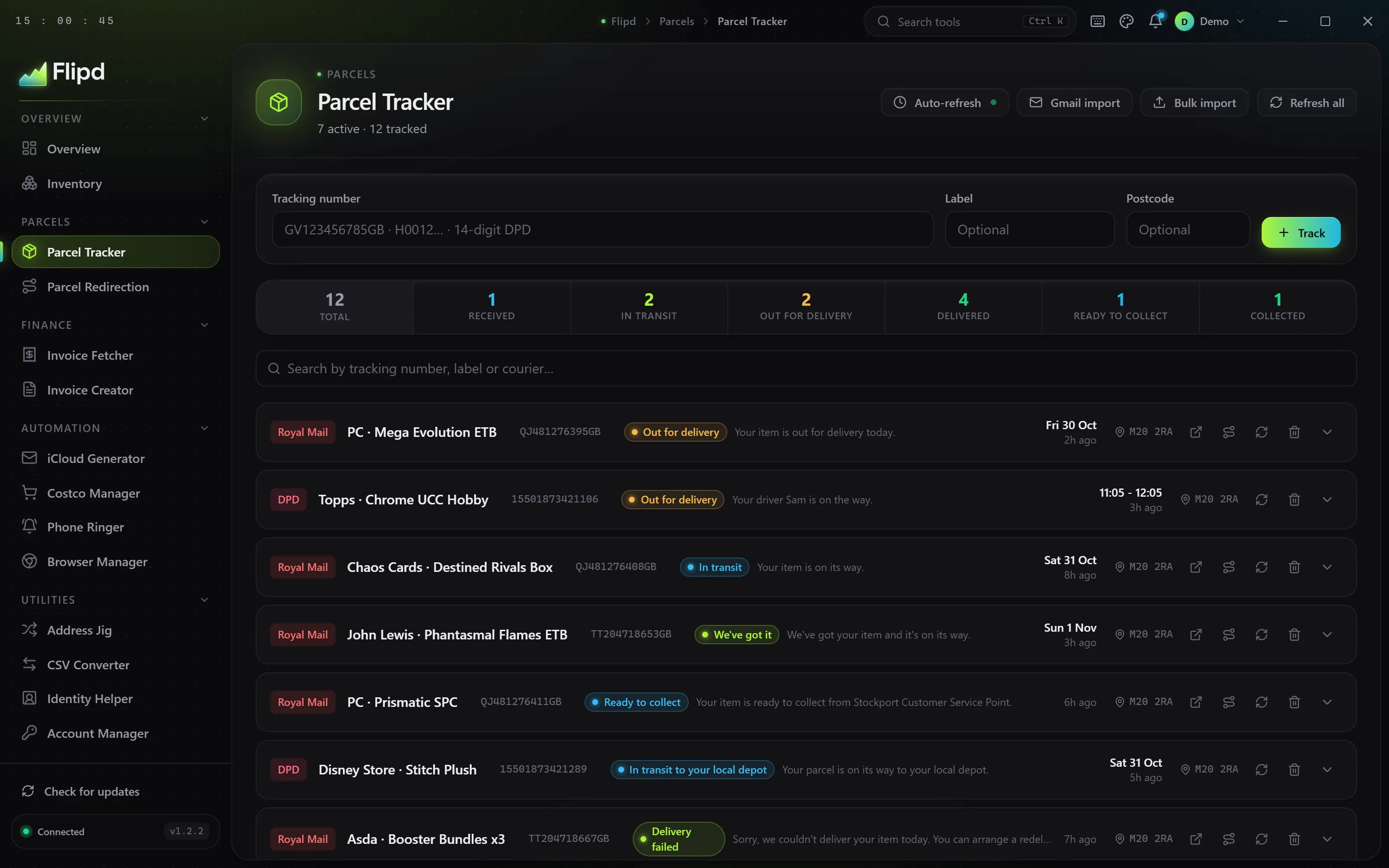 Flipd parcel tracker listing Royal Mail and DPD parcels